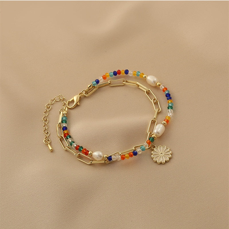 Estilo de verano, pulsera de doble capa de color fresco con diseño de margaritas
