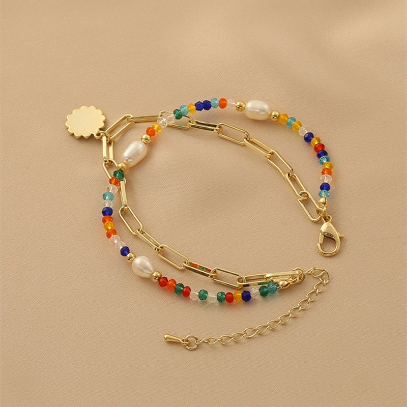 Estilo de verano, pulsera de doble capa de color fresco con diseño de margaritas