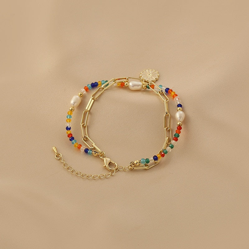 Estilo de verano, pulsera de doble capa de color fresco con diseño de margaritas