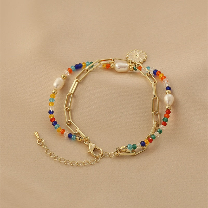 Estilo de verano, pulsera de doble capa de color fresco con diseño de margaritas