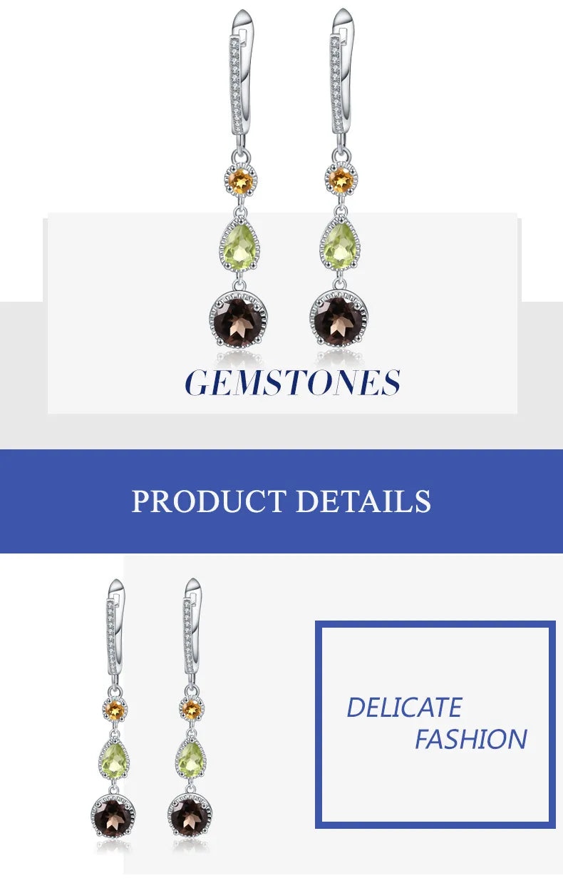 Pendientes de gota de plata esterlina 925 con piedras de Citrino natural Peridoto Cuarzo ahumado