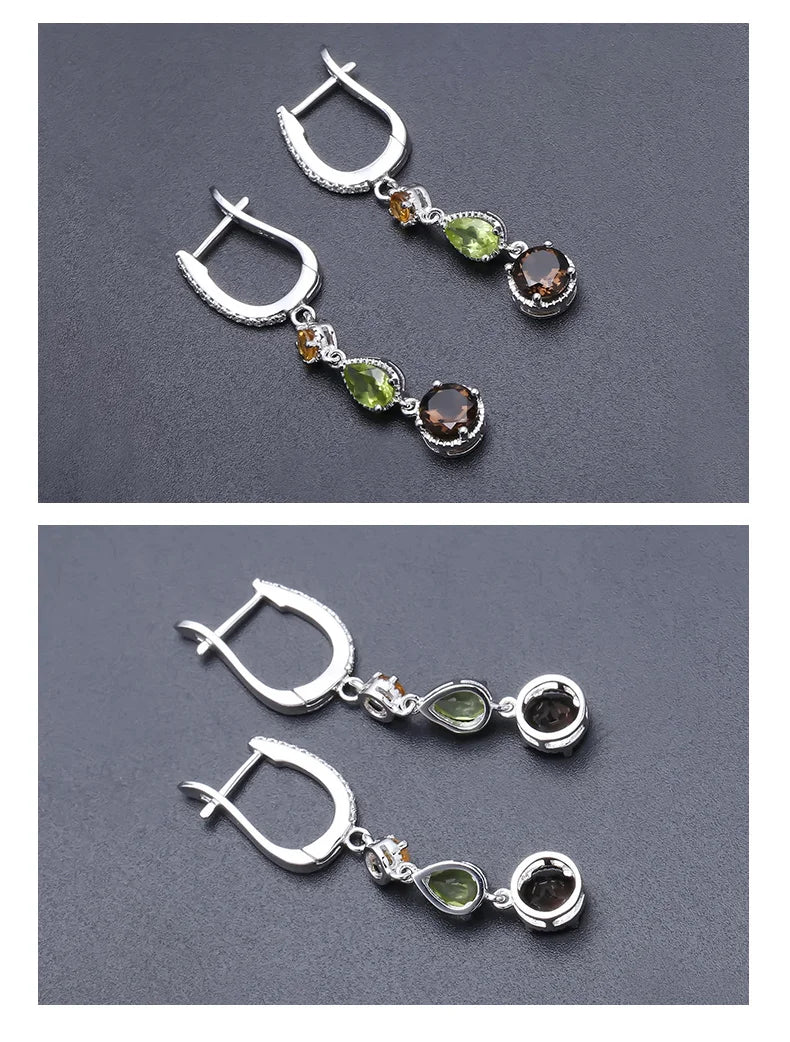 Pendientes de gota de plata esterlina 925 con piedras de Citrino natural Peridoto Cuarzo ahumado