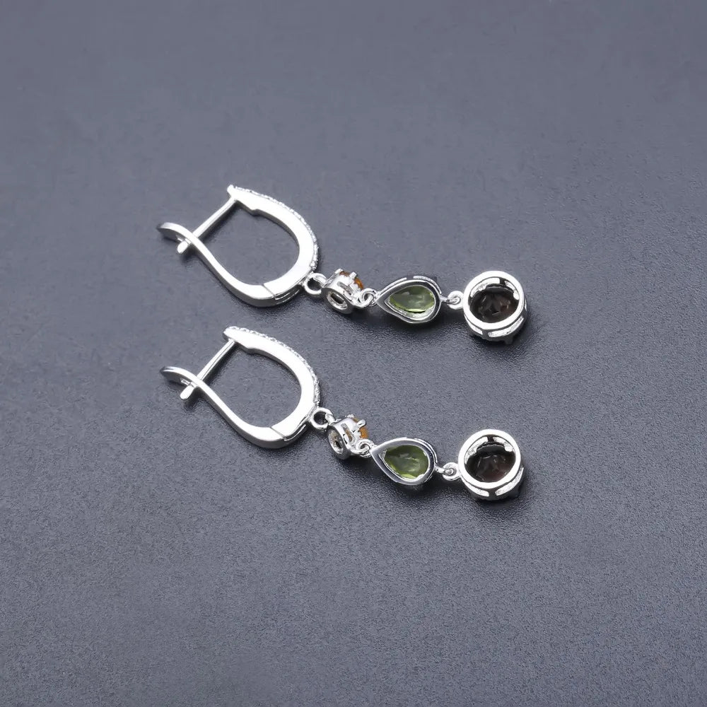 Pendientes de gota de plata esterlina 925 con piedras de Citrino natural Peridoto Cuarzo ahumado