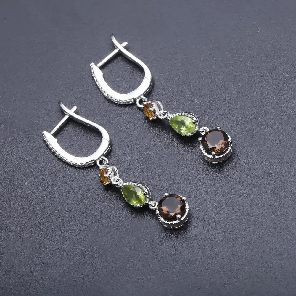 Pendientes de gota de plata esterlina 925 con piedras de Citrino natural Peridoto Cuarzo ahumado