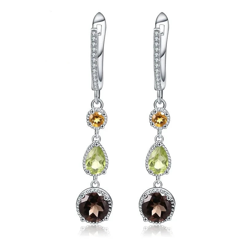 Pendientes de gota de plata esterlina 925 con piedras de Citrino natural Peridoto Cuarzo ahumado