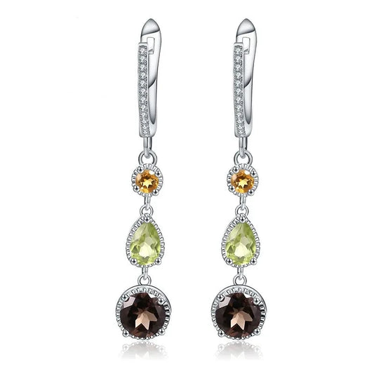 Pendientes de gota de plata esterlina 925 con piedras de Citrino natural Peridoto Cuarzo ahumado