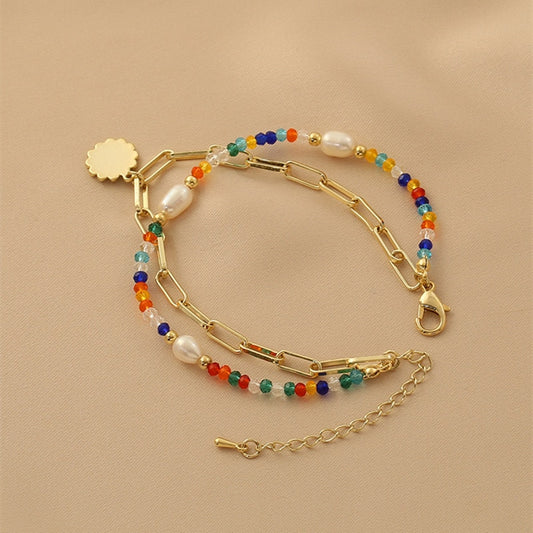 Estilo de verano, pulsera de doble capa de color fresco con diseño  de margaritas