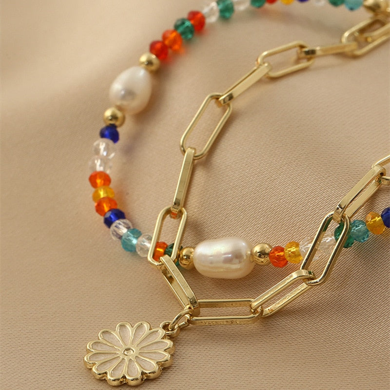 Estilo de verano, pulsera de doble capa de color fresco con diseño  de margaritas