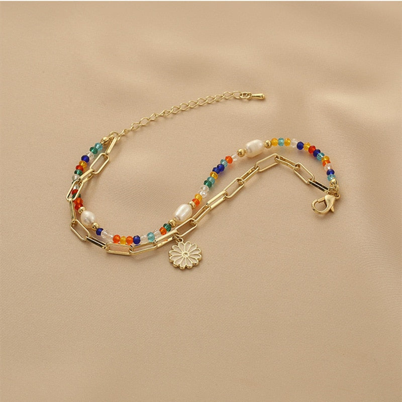 Estilo de verano, pulsera de doble capa de color fresco con diseño  de margaritas