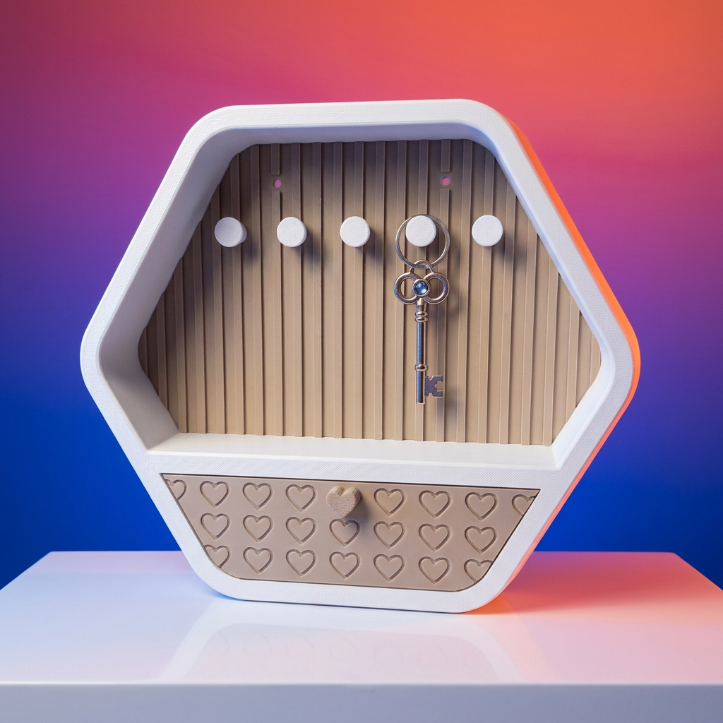 Key Holder Hexagonal – Portallaves de Pared con Cajón de Corazones
